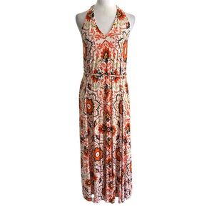 Boden 6 Vibrant Orange Floral Halter Belted Waist Summer Feminine Maxi Dress